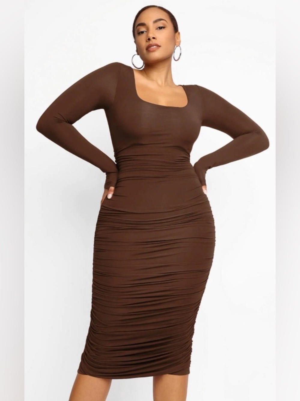 Shapellx Shapewear Dress Brown Long Sleeve Ruched Midi Dress - Square Neck